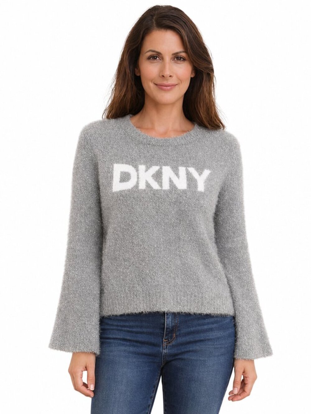 DKNY Gray Metallic Logo Sweater Size Small Bell Sleeves NWT